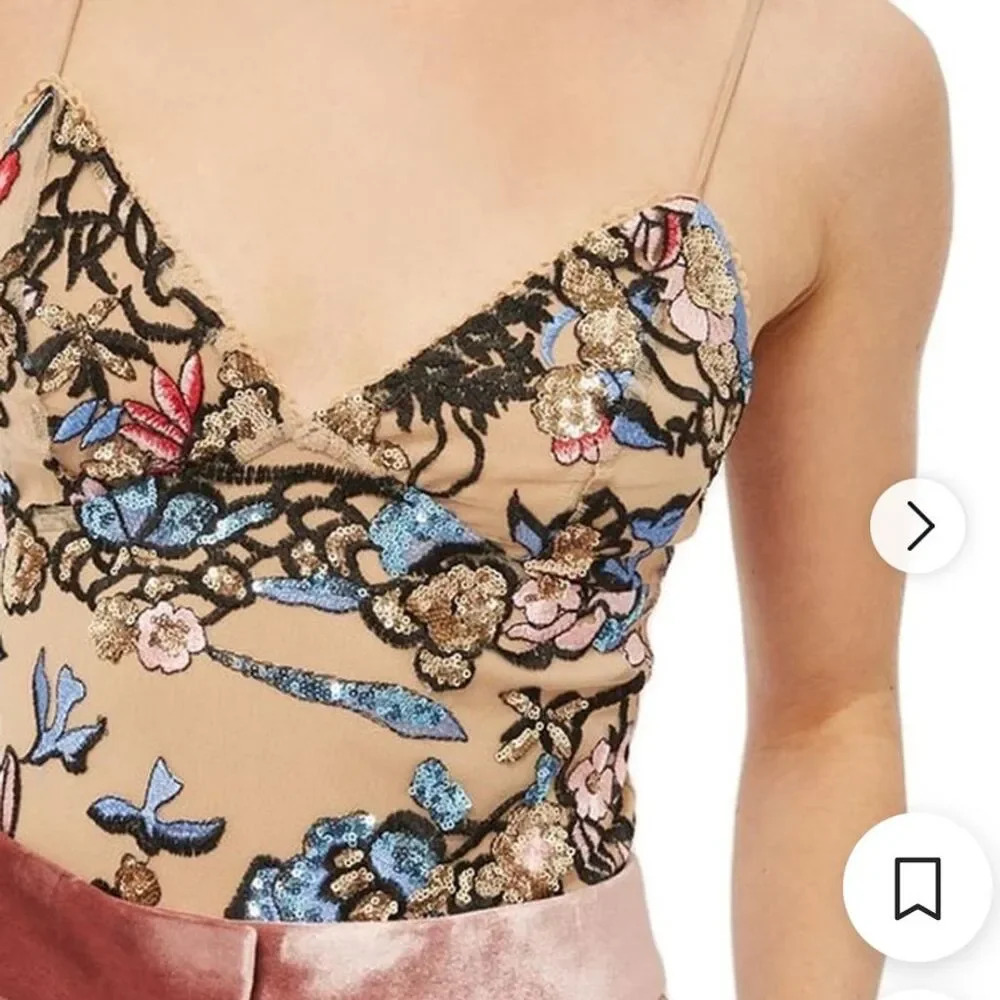 Topshop Sequin and Mesh Bodysuit Size 4 Multicolor Party Floral Embroidery